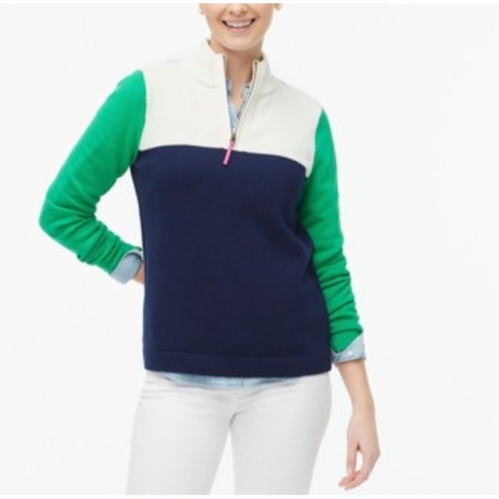 J. Crew Blue, White and Green Color Block 100% Cotton 1/4 Zip Sweater S